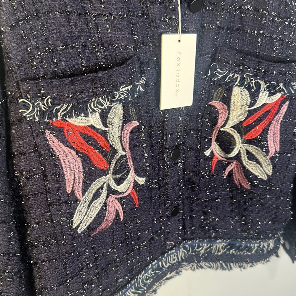 NWT Foxiedox Navy tweed Embroidered Jacket S - Picture 2 of 9
